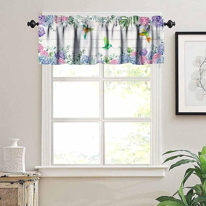Vintage Boho Flower Valance Curtains, Watercolor Hydrangea Floral Butterfly Spring Bird Board Pink Blue Wildflower Window Valance Curtain for Farmhouse Bedroom Living Room Kitchen 54x18inch