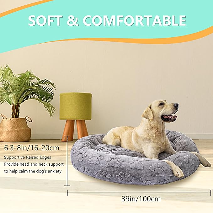 39 Inch Calming Dog Bed for Large Dogs, Round Anti-Anxiety Warm Bed, Soft Cozy Anti-Slip Donut Washable Pet Bed, Fits up to 100 lbs Pets