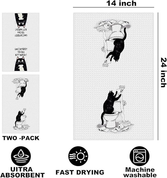 Hanamiya Na 2Pcs Funny cat Hand Towel for Bathroom 24x14 Inch, Funny Absorbent Microfiber Dish Cloth Bathroom Towel, Waffle Weave Hand Towels for Toilet Home, Cat Lover Gifts