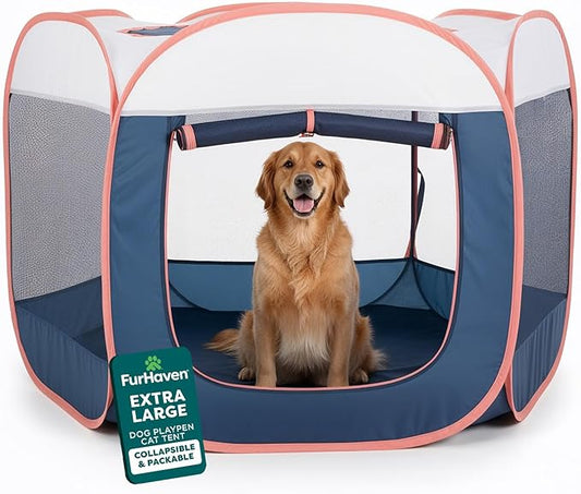FurHaven Portable Pet Playpen for Dogs & Cats, Extra Large Indoor Kitten Playpen with Mesh Sides, Foldable Dog Playpen for Large Dogs, Pop Up Travel Dog Pen, X-Large, Pet Crate with Mesh Sides, Navy