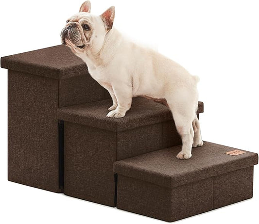 Love's cabin Dog Stairs for High Bed 18" H, Foldable Pet Stairs for Small Medium or Large Dogs Puppy with Storage for Bed or Couch, Cat Dog Steps Ramp with Zip up to 200 lbs, Coffee, 3 Steps