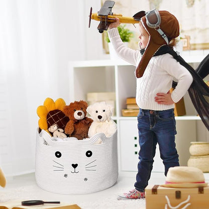 Zopeal Cat Basket Storage Woven Organizer with Ears Easter Decorative Pet Toy Cute Cotton Rope Basket for Gift Cat Dog Toy Bin Nursery Room(21.7 x 13.8 Inch,White)