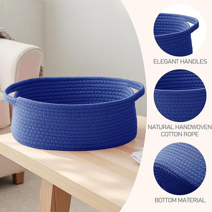 Woven Basket,Small Rope Storage Bin with Handles & Ribbon Bag, Organizer for Shelves Closets,Gift Basket Empty for Birthday,Books,Dog Toys, Navy Blue/3 Pack