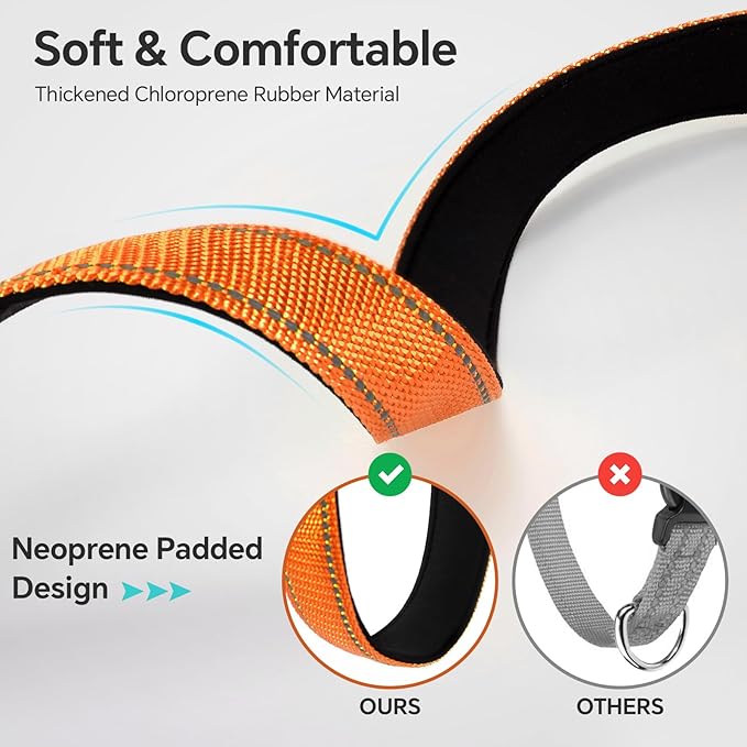 Reflective Dog Collar with Quick Release Buckle - Metal Ring - Adjustable Soft Neoprene Padded Basic Dog Collar for Small Medium Large Dogs (Orange, Large :Width 1",Neck 15.7-23.6")