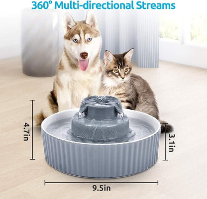2.1L Ceramic Cat Water Fountain-for Cats and Dogs, 360 Ceramic Pet Fountain-70 Oz Large Water Capacity - Whisper-Quiet Water Flow-Great for Shy or Timid Pets - Fresh, Filtered Water (Grey)