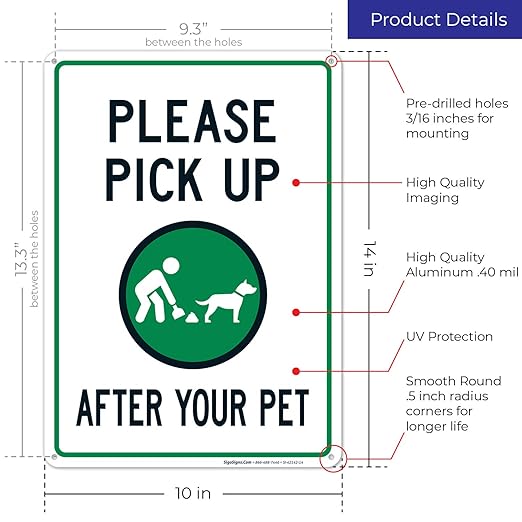 Clean Up After Your Dog Sign, Please Pick Up After Your Pet Sign, 10x14 Inches, Rust Free .040 Aluminum, Fade Resistant, Made in USA