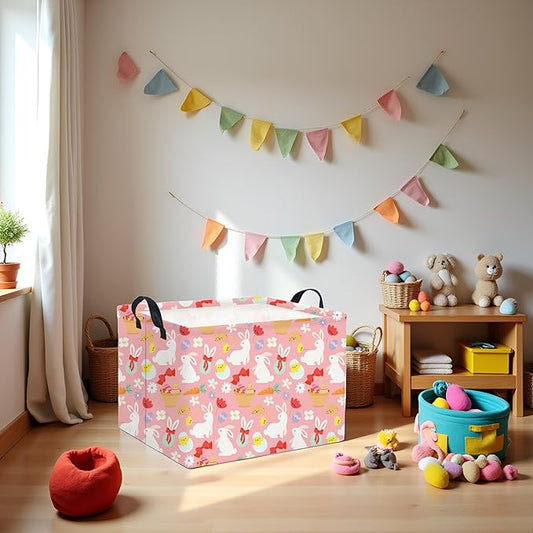 HIYAGON Rectangular Easter Basket Baby Girl Basket Fabric Storage Bin Organizer Box Room Decor(Bowknot Bunny)