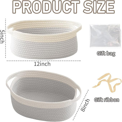 Woven Basket,Small Rope Storage Bin with Handles & Ribbon Bag, Organizer for Shelves Closets,Gift Basket Empty for Birthday,Books,Dog Toys, White&Grey