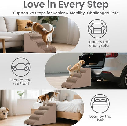 GoGoBunny Ramp Dog Stairs for High Beds 24.4" H, 5-Step Extra Wide Dog Slope Stairs with Durable Waterproof Fabric Cover, Pet Steps for Old Large Dogs Climbing, Non-Slip Sturdy Indoor Step, Camel