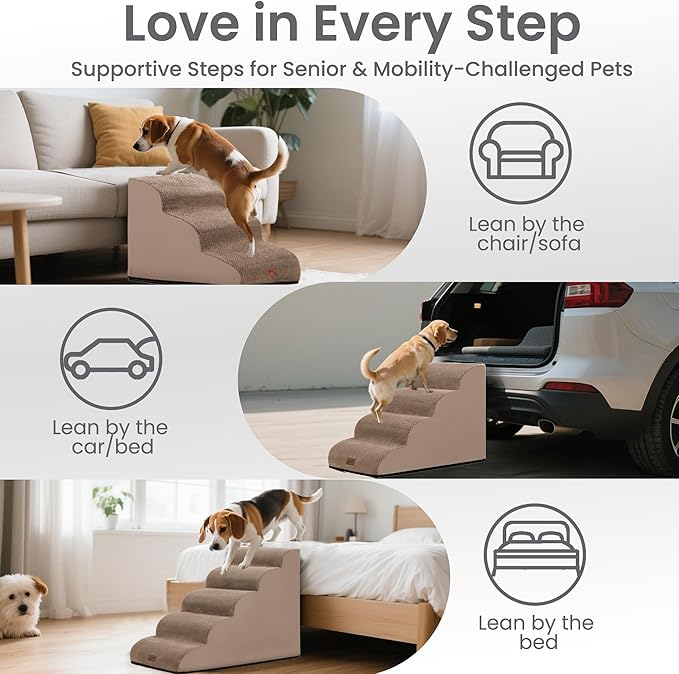 GoGoBunny Ramp Dog Stairs for Couch Sofa and Chair 11.8" H, 2-Step Pet Steps for Small Dogs and Cats, Non-Slip Waterproof Fabric Cover, Stable and Balanced Indoor Step, Pets Friendly, Camel