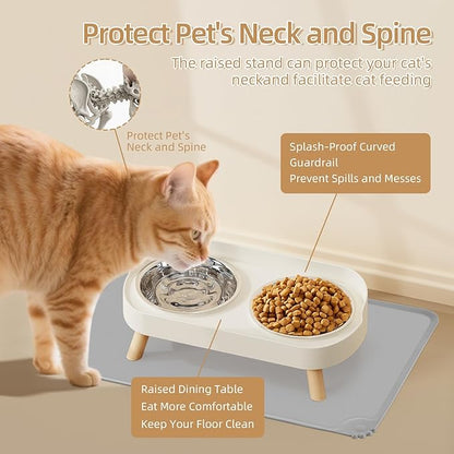 Elevated Cat Bowl with Food Mat, Raised Cat Food and Water Bowl Set for Indoor Cats, Splash Proof with 2 Stainless Steel Pet Food Bowls for Cats and Puppies,Whisker Fatigue and Dishwasher Safe (White)