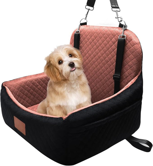 Small Dog Car Seat for Small Dogs Under 30 lbs, Memory Foam Pet Car Seat with Washable Cover, Safety Belts & Side Storage Pockets, Portable Travel Bed for SUV/Sedan (Black/Brown)