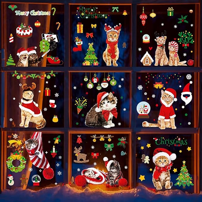Christmas Window Clings Cat Stickers for Window Glass, 126 PCS 9 Sheets Xmas Decals Decorations Christmas Cat Tree Bells Decals for Holiday Party
