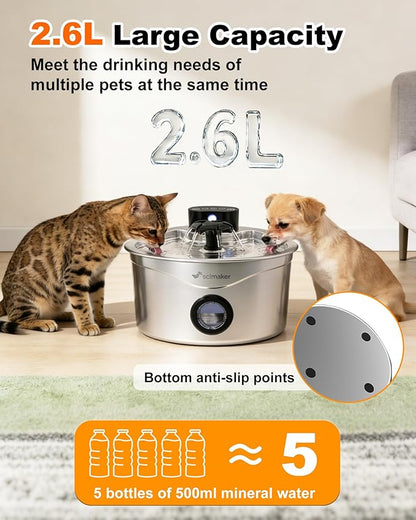 Wireless Cat Water Fountain Stainless Steel, 88fl.oz/2.6L Pet Water Dispenser Long-Lasting 4000mAh Battery with 7 Filters & 3 Sponges for Cats Dogs Indoor