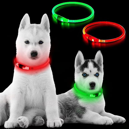 (2 Pack) 360 LED Light Up Dog Collar Rechargeable 3 Modes Pet Safety Lights Necklace for Night Walking TPU Reusable Universal Adjustable Cut to Fit Small, Med, Large (2 Pack Red+Green)