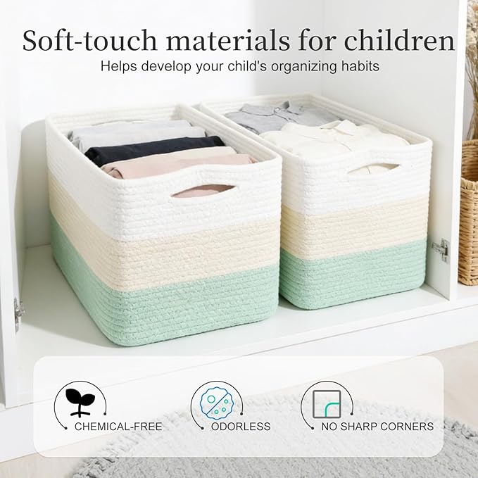 Hopegiver 3 Pack Rainbow Woven Storage Baskets for Shelves, 15x11x10 Inch Cotton Rope Decorative Organizer Bins for Blanket Clothes Book Baby Pet, Colorful Toy Basket for Nursery, Kids Room, Playroom
