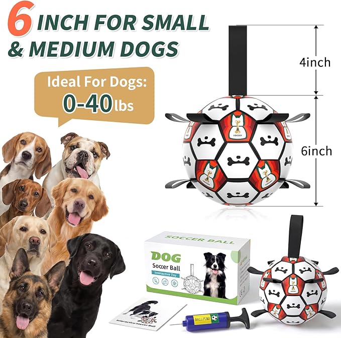 Interactive Dog Ball Toys, 2026 Dog Soccer Ball with Thicken Straps for Small Medium Breeds Tug of War, Small Herding Balls with Pump for Puppy Dogs Outdoor Play Training (Black, 6 Inch)