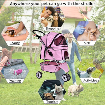 Dkeli 3-Wheel Pet Stroller, Lightweight Foldable Dog Stroller for Small Medium Dogs & Cats, Breathable Mesh & Weather Cover with Storage Basket, for Daily Walk Outdoor Travel (Pink)