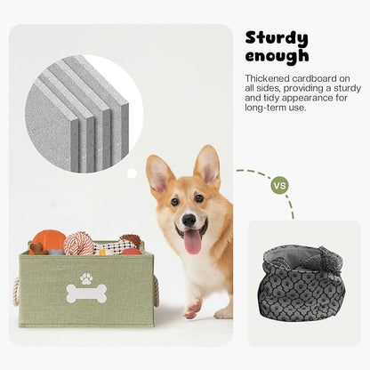 Dog Toy Basket with Lid, Dog Basket for Toys, Dogs Toy Box with Cotton Rope Handles, Collapsible Storage Bins for Pet Toys, Dogs Storage Organizer, Green