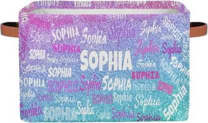 Personalized Foldable Storage Basket with Name, Laundry Hamper Dirty Clothes Pet Toys Storage Bin with Handles for Shelf Home Closet Kitchen, Gradient Purple Blue Glitters Print