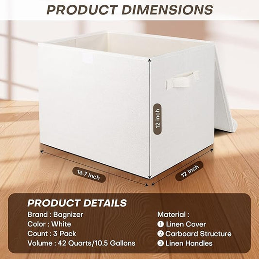 Large 17" 42 Quarts Collapsible Stackable Storage Bins with Lids [3-Pack] Foldable Fabric Linen Storage Boxes Cube, Closet Organizer Baskets with Label (16.7 x 12 x 12, White)