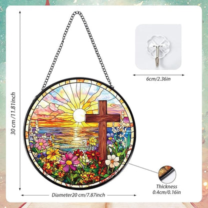Cross Flower Stained Glass Window Hanging Gift, 7.8″ Sun Catchers Indoor Window Decor, Decorative Suncatchers Home Garden Art Religious Gift for Thanksgiving Christmas Housewarming