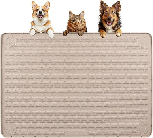 Dog Food Mat, Extra Large 40" x 28" Silicone Pet Feeding Mat for Small, Medium, and Large Pets Non-Slip, Easy to Clean, Khaki