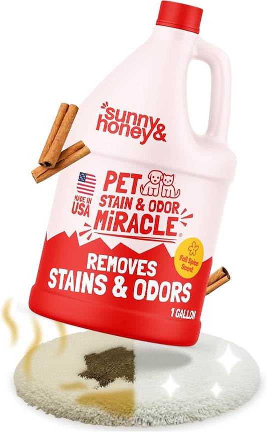 Sunny & Honey Pet Stain and Odor Remover - Enzyme Cleaner for Dog Urine and Poop on Carpets and Furniture - Strong Pet Carpet Cleaner Spray (1 Gallon Fall Spice)