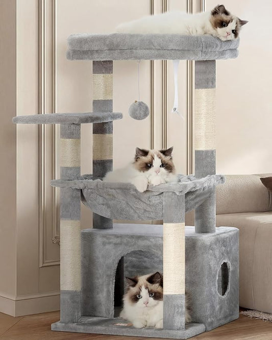 Heybly Cat Tree, Kitten Tower with Large Soft Cat Basket, Cat Condo with Spacious Cat Bed Cave with Hidden Space, Sisal-Covered Scratching Posts, Dangling Ball for Indoor Cats, Light Gray HCT008SW