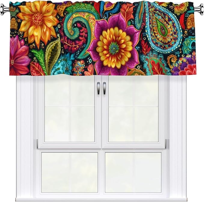 Worltoldb Boho Floral Curtain Valance Short Rod Pocket Window Treatment for Living Room Bedroom Kitchen Bathroom 1 Panel 54" W x 18" L