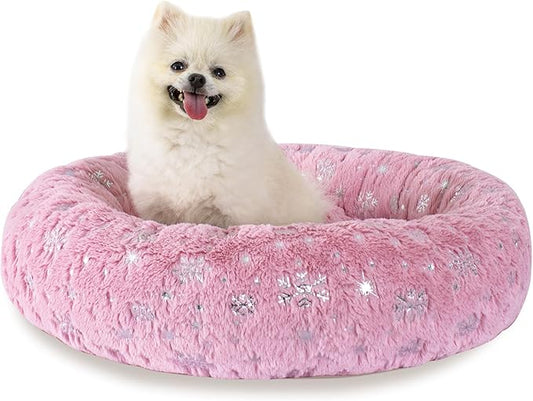 23 Inch Christmas Snowflakes Calming Dog Bed for Small Dogs Cats, Kitty Puppy Round Anti-Anxiety Warm Bed, Soft Cozy Anti-Slip Donut Washable Pet Bed, Fits up to 30 lbs Pets