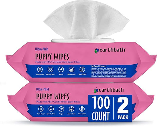 earthbath, Ultra-Mild Wild Cherry Puppy Wipes - Dog Wipes for Paws and Butt, Best Pet Wipes for Dogs & Puppies, Made in USA, Cruelty-Free Dog Cleaning Wipes - 100 Count (2 Pack)