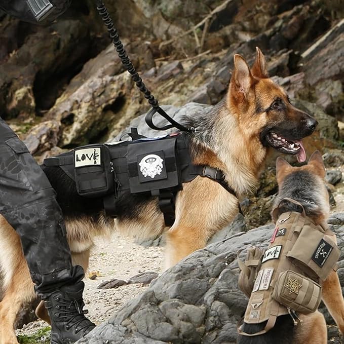 AZB Tactical Dog Vest Harness Heavy Duty Dog Harness with 3 MOLLE Bags&1 Bungee Dog Leash, Khaki