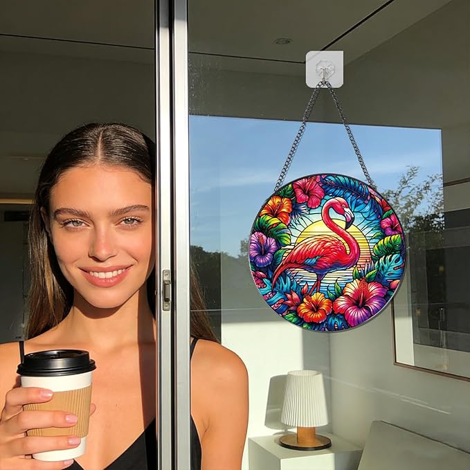 Stained Glass Window Hanging, 7.8″ Flamingo Sun Catchers with Hook Indoor Window Summer Decor, Decorative Suncatchers Hanging Ornaments Home Garden Art Gift for Housewarming