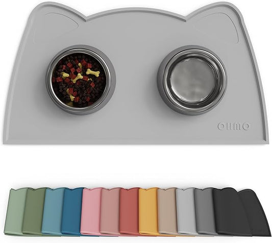 OHMO - Cat Food Mat, Silicone Pet Feeding Mat for Floor Non-Skid Waterproof Dog Water Bowl Tray, Easy to Clean Pet Placemat (Ash Light Grey, 18 * 9.8'')