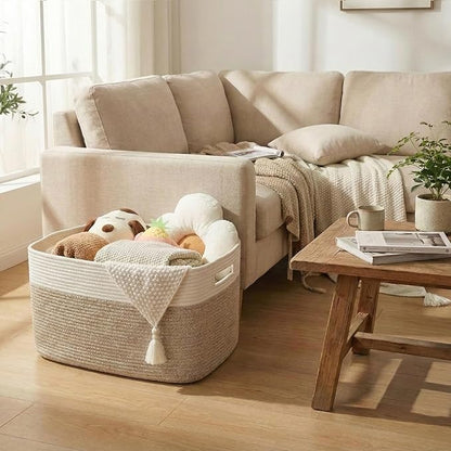 Woven Blanket Basket,96L Large Storage Bin for Blankets Toys Clothes,Decorative Rope Basket for Living Room Bedroom with Handles, White&Oatmeal