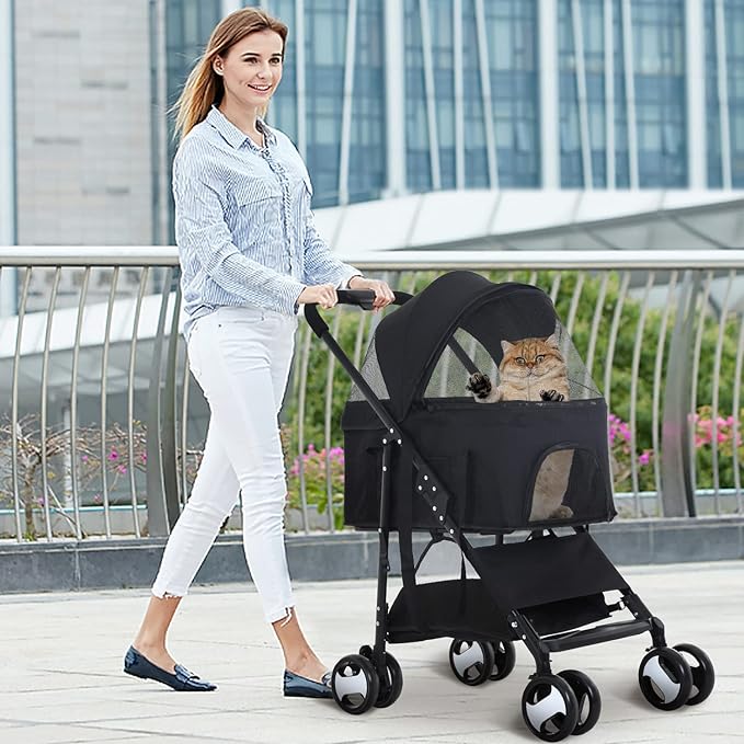 3-in-1 Folding Pet Stroller for Medium Small Dogs Cats - 4 Wheels Lightweight Travel With Detachable Carrier, Black