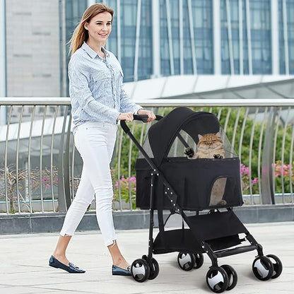 3-in-1 Folding Pet Stroller for Medium Small Dogs Cats - 4 Wheels Lightweight Travel With Detachable Carrier, Black