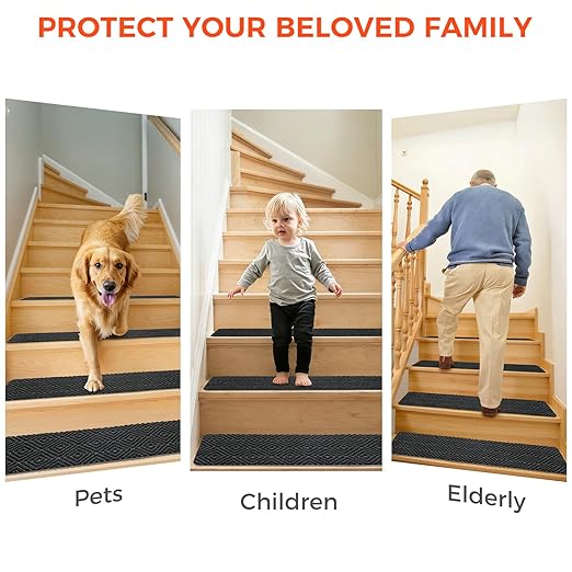 BAGAIL 15 Pack Non-Slip Stair Treads for Wooden Steps, 8"x30" Peel and Stick Carpet Stair Runners, Machine Washable Indoor Step Covers with No-Residue Adhesive for Dogs, Kids & Elderly - Black