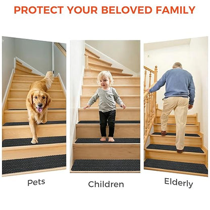 BAGAIL 15 Pack Non-Slip Stair Treads for Wooden Steps, 8"x30" Peel and Stick Carpet Stair Runners, Machine Washable Indoor Step Covers with No-Residue Adhesive for Dogs, Kids & Elderly - Black