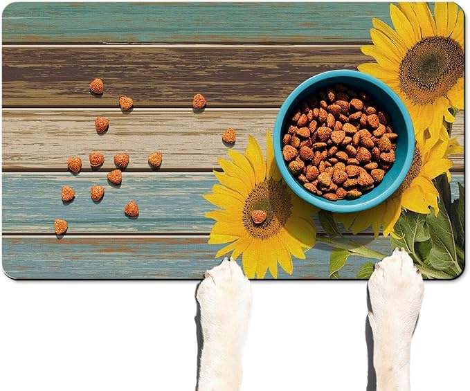 Dog Food Mats for Floors Absorbent, Cat Food Mat - Pet Cat Feeding Mat Quick Dry, Dog Bowl Mats for Water, Pet Supplies Feeding Placemat 16" x 24" Sunflower