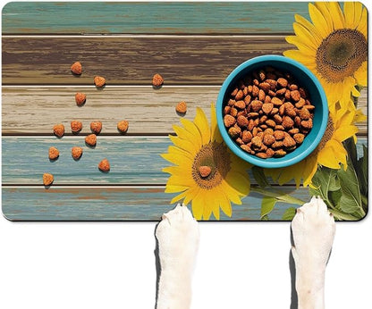 Dog Food Mats for Floors Absorbent, Cat Food Mat - Pet Cat Feeding Mat Quick Dry, Dog Bowl Mats for Water, Pet Supplies Feeding Placemat 16" x 24" Sunflower