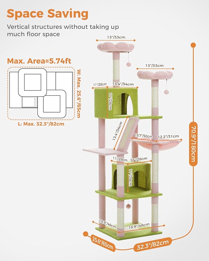 PEQULTI 71'' Cat Tree for Indoor Cats with Big Hammock, Tall Cat Tower for Large Cats with 2 Cat Condo, 2 Soft Top Perch, Scratching Posts and Pad, Pink