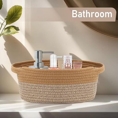 Woven Basket,Small Rope Storage Bin with Handles & Ribbon Bag, Organizer for Shelves Closets,Gift Basket Empty for Birthday,Books,Dog Toys, Jute&Brown/2 Pack