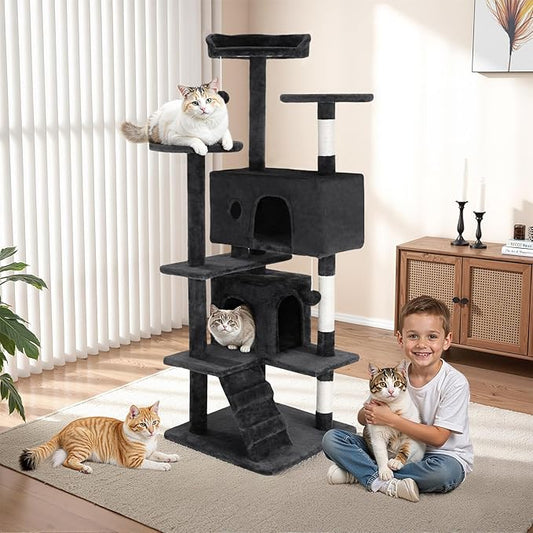 FDW Cat Tree 54in Cat Tower Multi-Level Durable Cat Scratching Post & Cozy Fun Cat Jumping Platform Space Saving Cat Condo Pet Play House for Indoor Cats,Grey