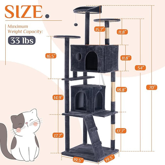 DUMOS 70-inch Indoor Cat Tree Tower –Multi-Level Pet House for Large Cats with 2 Condos, Scratching Posts, Round Platform, Small Ladder, and Toys, Grey