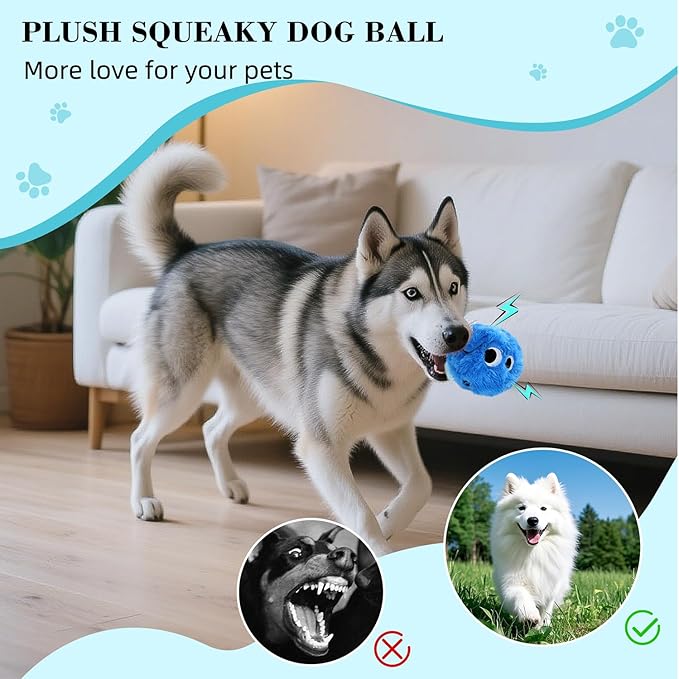 3.1'' Squeaky Plush Ball Dog Toy, No-Stuffing Soft Fuzzy Ball Toy for Small and Medium Dog, Durable Bocuncy Ball for Puppies Teething, Chewing, Interactive Training & Fetch Play, Blue