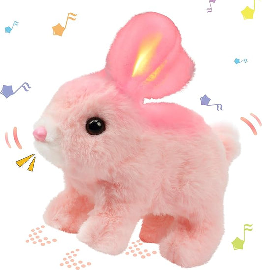 Hopearl Hopping Rabbit with LED Ears Interactive Electronic Pet Plush Bunny Toy with Sounds and Movements Animated Walking Wiggle Light up Ears Twitch Nose Gifts for Toddlers Birthday, Pink, 7''