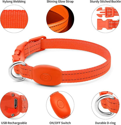Illumifun Light Up Dog Collar for Small Dogs Cats, Rechargeable LED Dog Collar Glow at Night, Adjustable Nylon LED Cat Collar Light (Orange, X-Small)