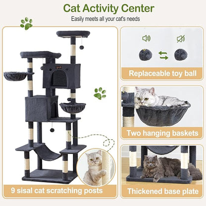 Large Cat Tree Tower for Indoor Cats Adult, 74.8 Inch Tall Large Multi-Level Tree Towers with Scratching Posts, Condo, Hammock, Bed for Big Cats, Modern Cat Trees Furniture Heavy Duty (Dark Gray)